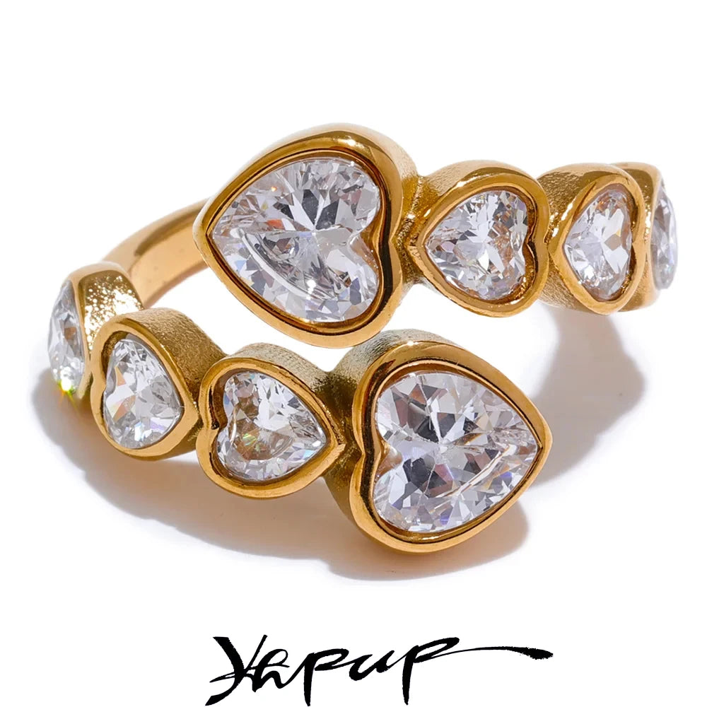 Delicate Cubic Zirconia Heart Stainless Steel Gold Color Adjustable Open Ring Chic Charm Jewelry - Image 1