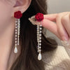 Elegant Shiny Rhinestone Dangle Earrings Tassel Pearl Korean Style Earrings Bow Red Rose Bow Stud Earrings Wedding Accessories - Image 1