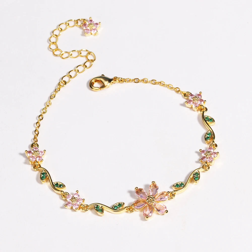 Green Leaf Flower Bracelet For Women Pink Cubic Zirconia Chain Shiny Rhinestone Bangle Jewelry - Image 1