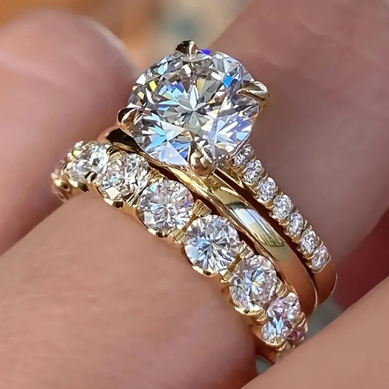 3Pcs Set of Rings Female Shiny Round Zirconia Finger Jewelry Gold Color Accessories for Wedding - Image 1