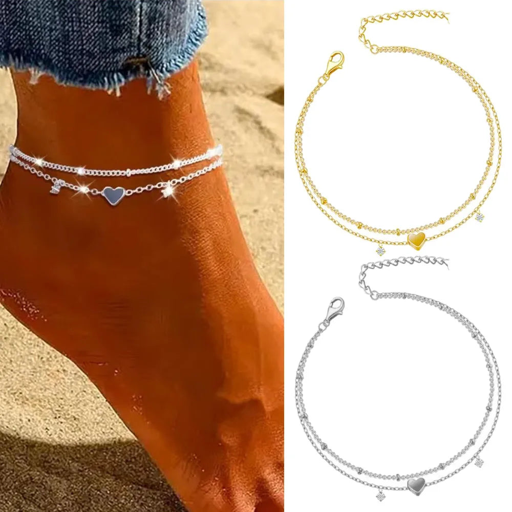 Bohemia Girl CZ Anklet Bracelets Heart Charm Chain Anklets for Women on Foot Leg Summer Beach Barefoot Jewelry - Image 1