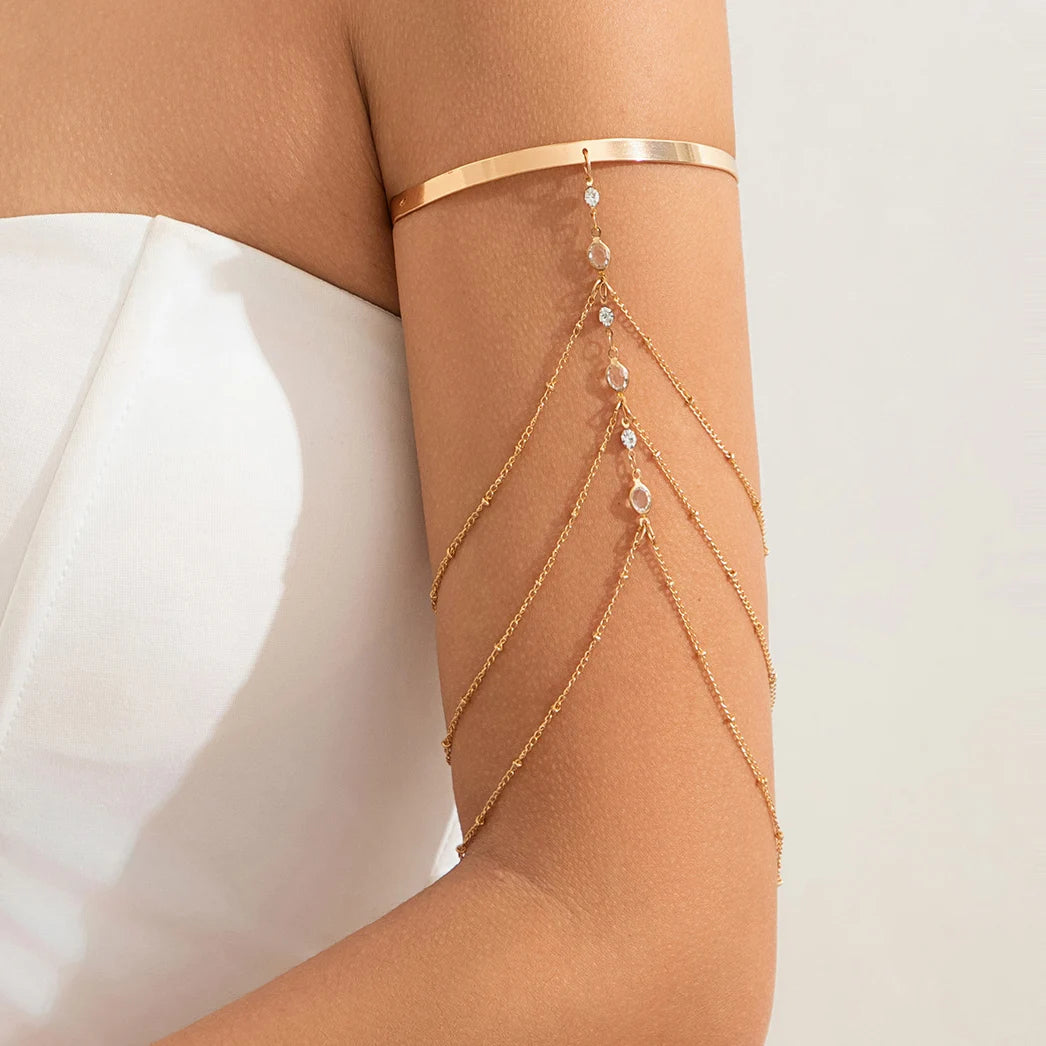 Boho Crystal Pendant Cuff Open Bangles for Women Wed Bridal Goth Tassel Link Arm Bracelets Party Jewelry Gift - Image 1