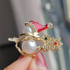 Alloy Snowman Brooch Pin with Pearl Details and Red Hat - Image 7