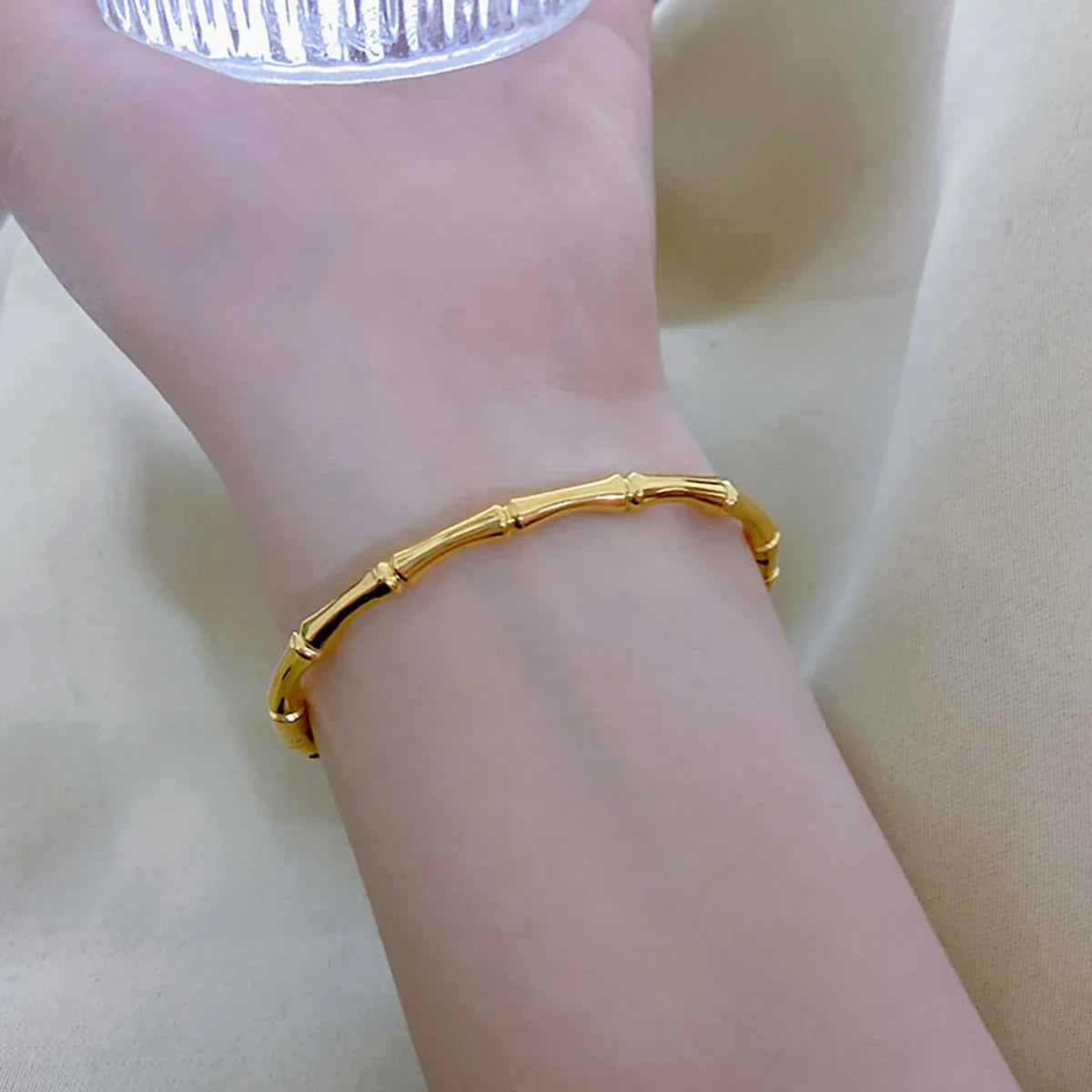 Lucky Bamboo Cuff Bracelet, Gold Color Stainless Steel Bangle for Women, Elegant Wedding Jewelry, Gift with Meaning - Image 1