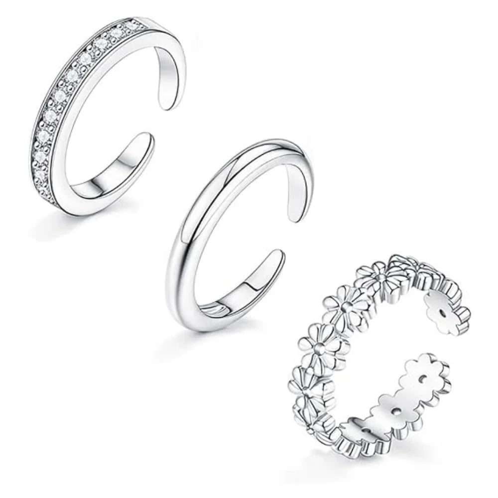 3PCS Silver Plated Dazzling Zircon Toe Ring for Women Girls Classic Adjustable Summer Beach Foot Ring Vacation Jewelry - Image 1