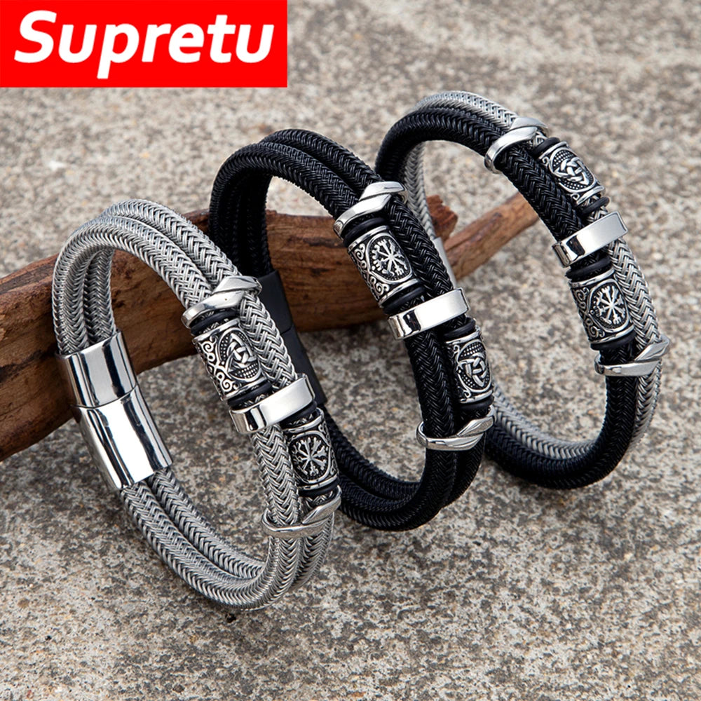 Vikings Runes Double-Layer Bracelet for Men Stainless Steel Wire Rope Norse Triquetra Bangle Vintage Scandinavian Jewelry Gifts - Image 1