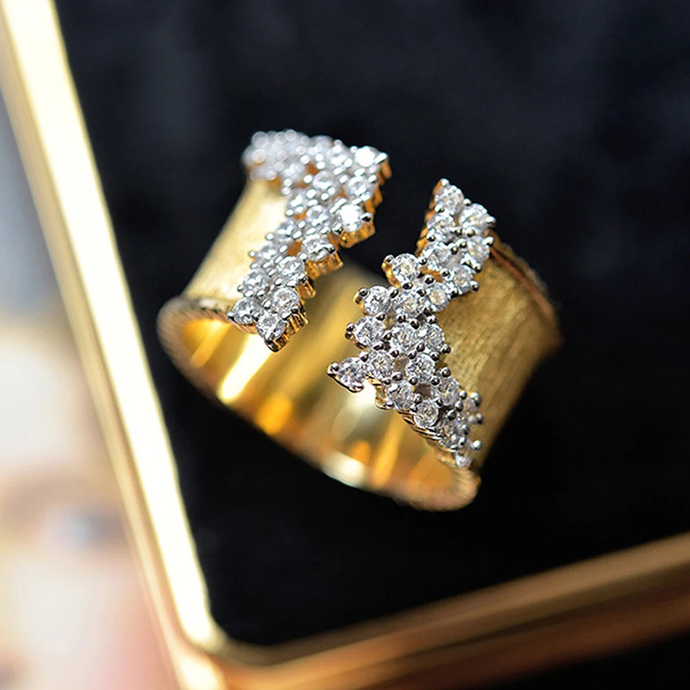 Gold Color Cubic Zirconia Ring for Women Modern Wide Band Finger Ring OL Style Female Jewelry - Image 1