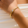 Ars Stainless Steel Chunky Cuff Bracelet for Women Gold Plated Bangle with Oval Zircon Minimalist Cuff Bangles - Image 2