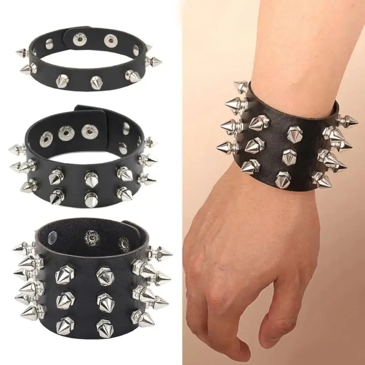 Punk Bracelet for Men Women Goth Black Leather Wristband with Metal Spike Studded Spike Rivets Cuff Bangle Adjustable - Image 1