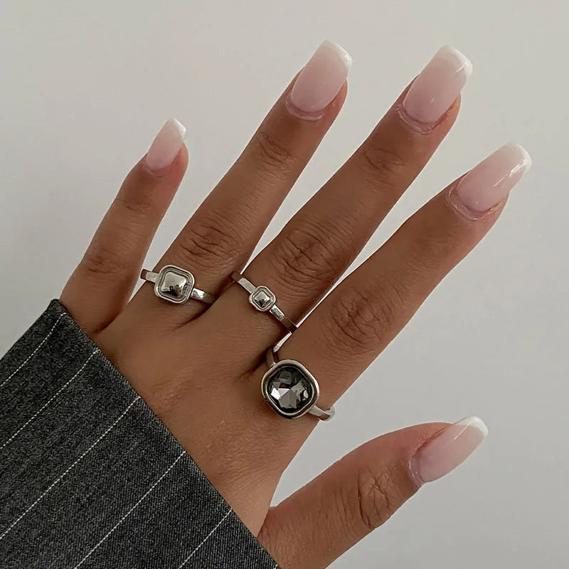 Grey Crystal Geometric Ring Women Design Silver Color Square Finger Rings Asymmetrical Zircon Daily Wear Jewelry Gifts - Image 1