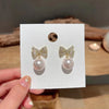 Korean Crystal Bow Drop Earrings White Red Round Imitation Pearl Dangle Earrings for Women Elegant Party Jewelry - Image 6