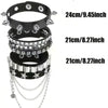 Four Piece Black PU Leather Cuff Bracelet Set with Stud and Chain Details - Image 3