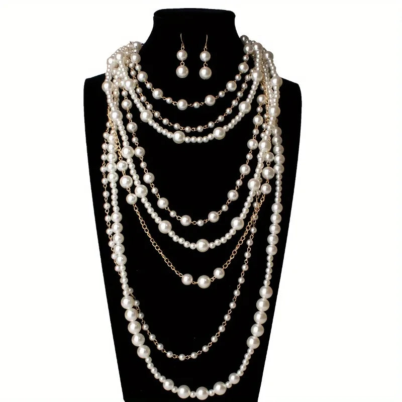 Multi-layer Simulated Pearls Chain Long Necklace Elegant Earrings Statement Choker Necklace for Women Jewelry - Image 1