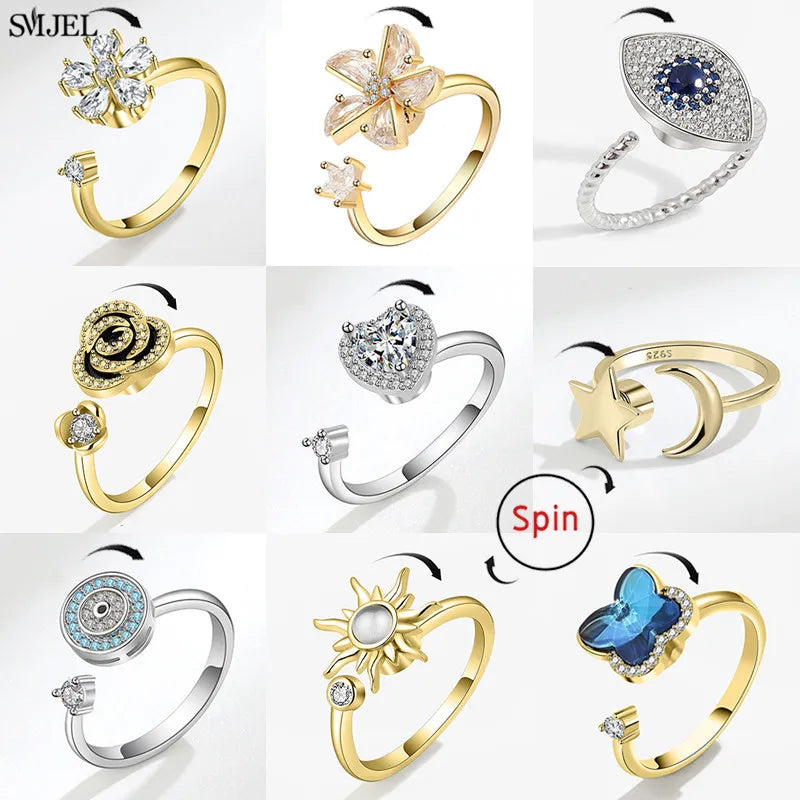 Rose Flower Rotating Ring For Women Spinner Fidgets Heart Charm Adjustable Open Rings Star Moon - Image 1