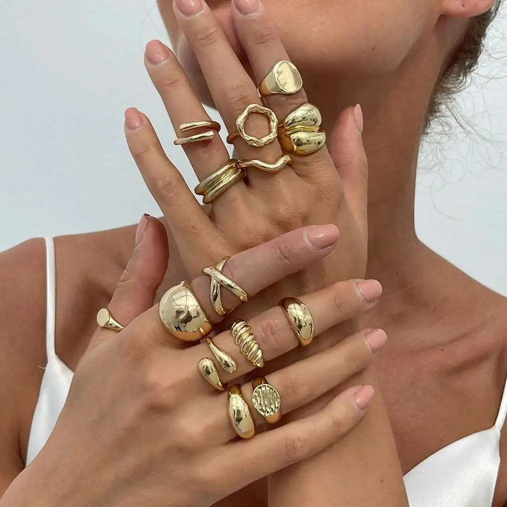 Irregular Hollow Geometric Open Ring Set 14 Pieces - Image 1