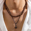 KunJoe 2pcs/set Stone Pendant Necklace for Men Vintage Wood Beads Skin Wax Thread Choker Necklace - Image 1