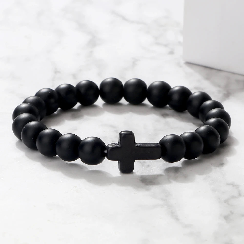 Natural Stone Bead Bracelet with Cross Charm 8mm Beads - Image 1