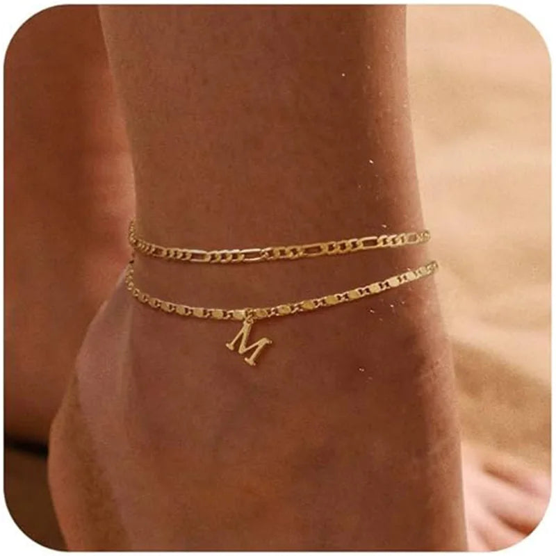 Initial Layered Anklet Bracelets On Leg Layering Thin Figaro Letter Anklets Summer Jewelry Gifts for Women Teen Girls - Image 1