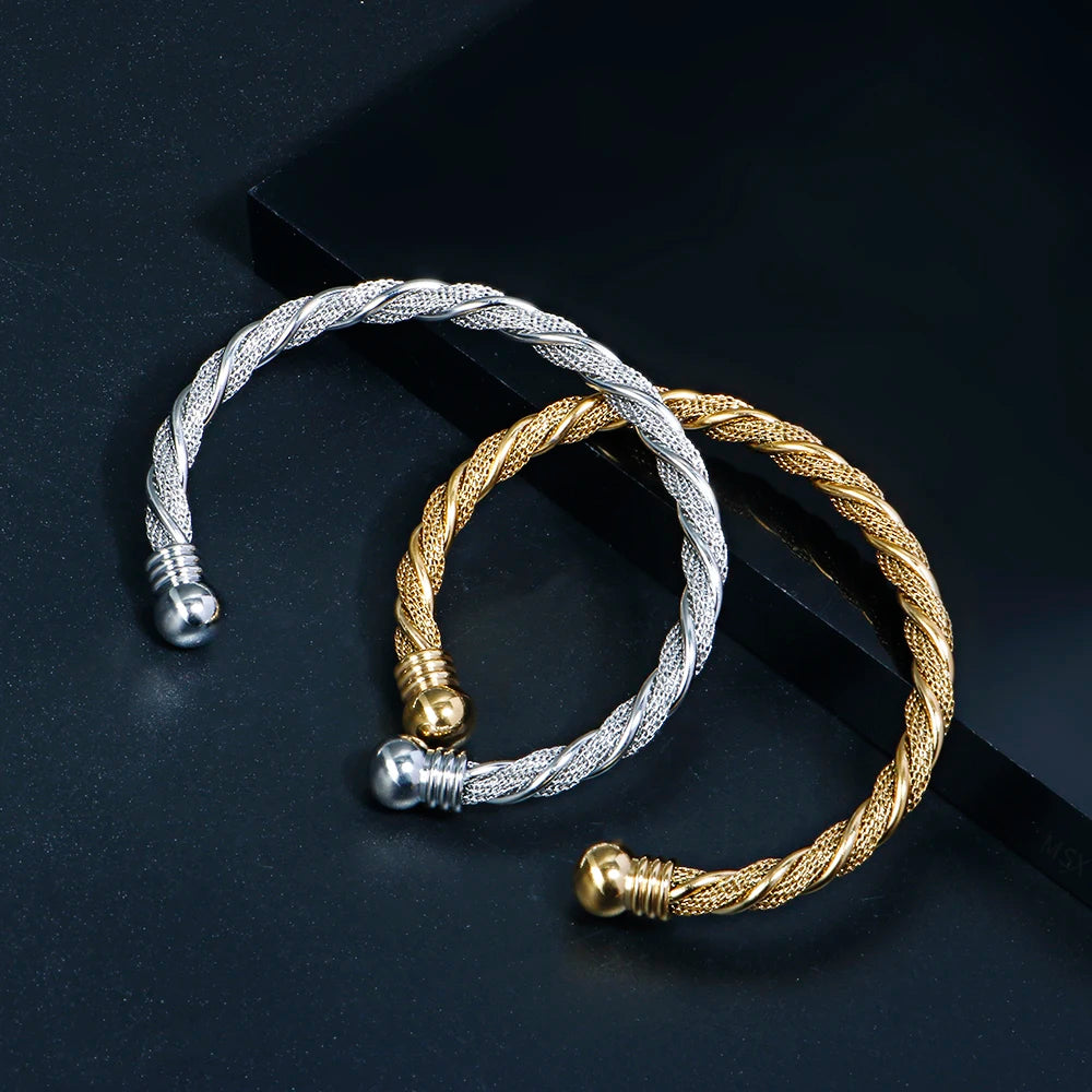 Stainless Steel Wire Braided Bangle for Women Men Spring Link Wrap Open Adjustable Ball Bracelet Jewelry - Image 1