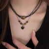 Vintage Leather Brown Stone Pendant Necklace Women's Retro Stacking Choker Temperament Clavicle Chain Hip Hop Jewelry Accessory - Image 1