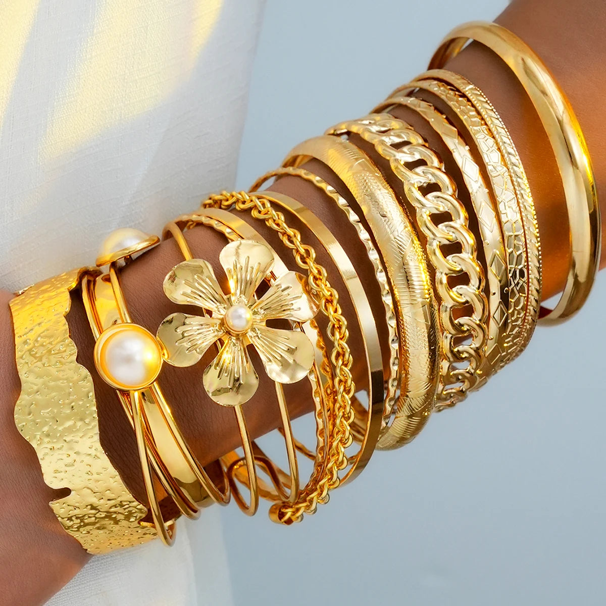 Gold Color Floral Pearl Bangle Set For Women Hammered Texture Flower Charm Stackable Bracelets Chunky Wristband Jewelry - Image 1