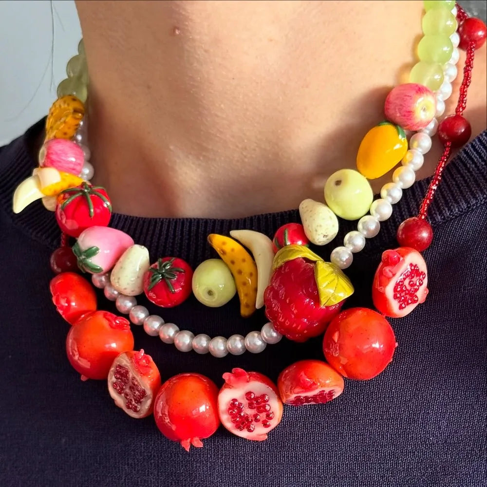 Dopamine 3D Fruit Beaded Necklace Bohemian Retro Pomegranate Strawberry Tomato Choker Exaggerated Bracelet Bikini Jewelry Gift - Image 1