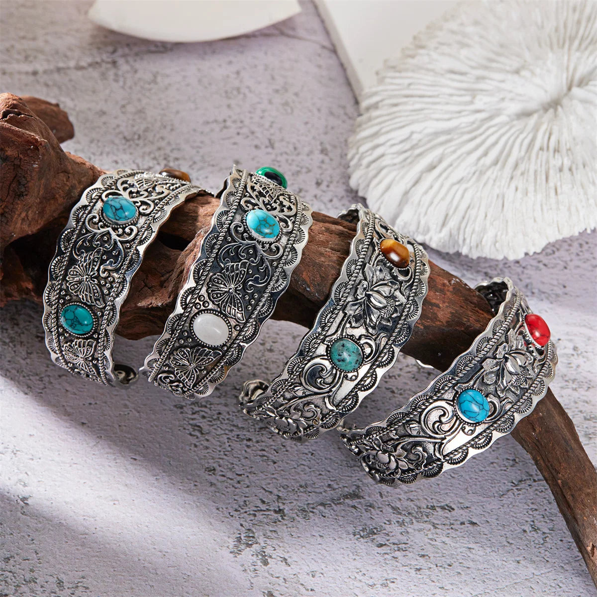 Vintage Antique Silver Color Stone Wide Bangles Bracelets For Women Chinese Style Retro Gold Color Cuff Bracelet Jewelry - Image 1