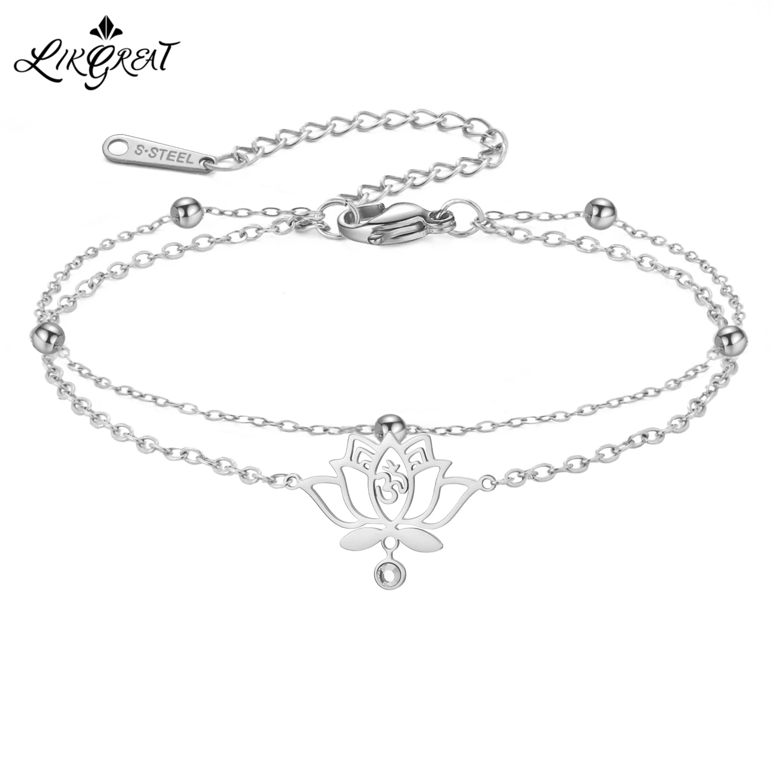 Lotus Pendant Bracelet Shiny Rhinestone Inlaid Double Hole Charm Bracelet Stainless Steel Wrist Jewelry Gift - Image 1