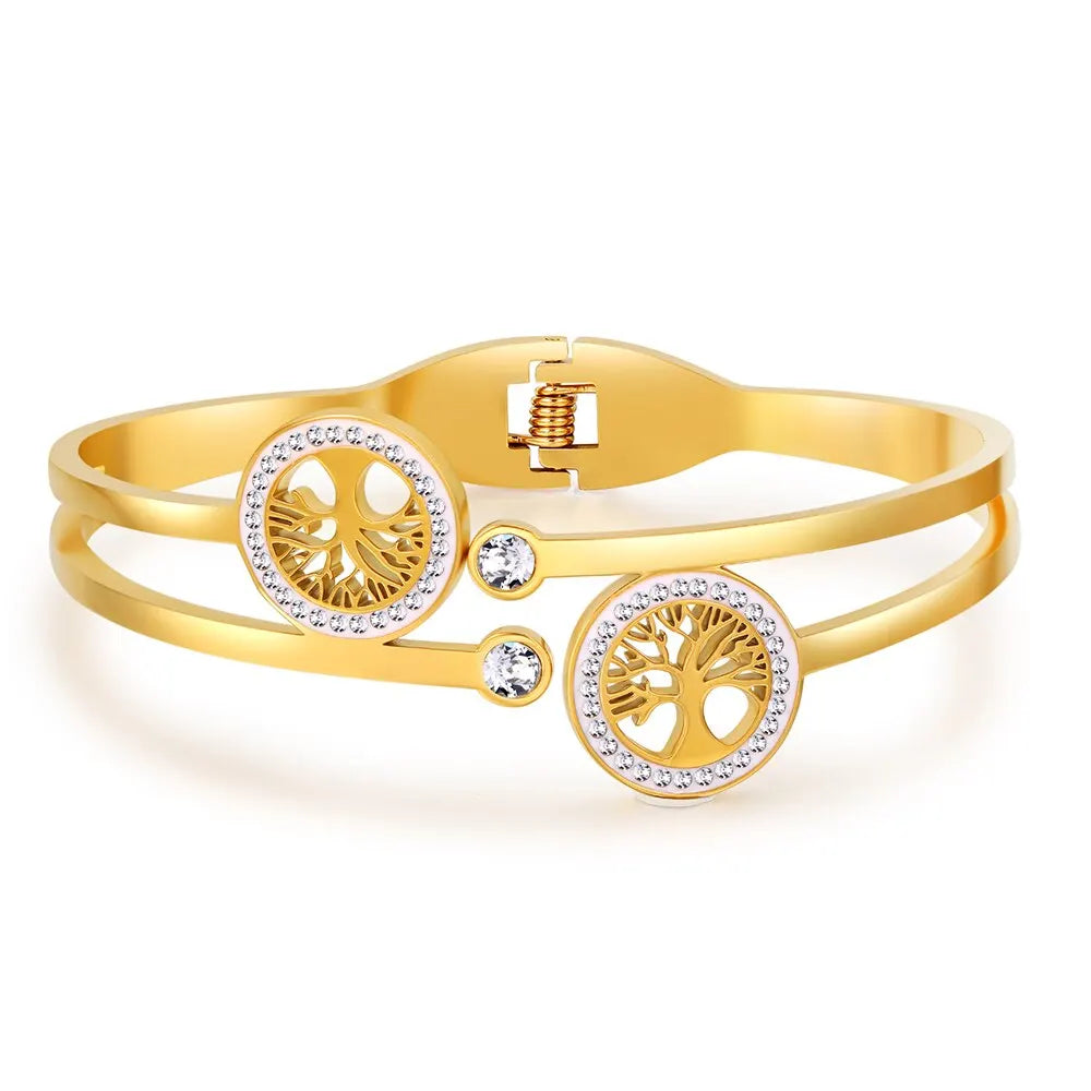 Tree of Life Open Cuff Bracelet with Clear Stone Accents - Image 1