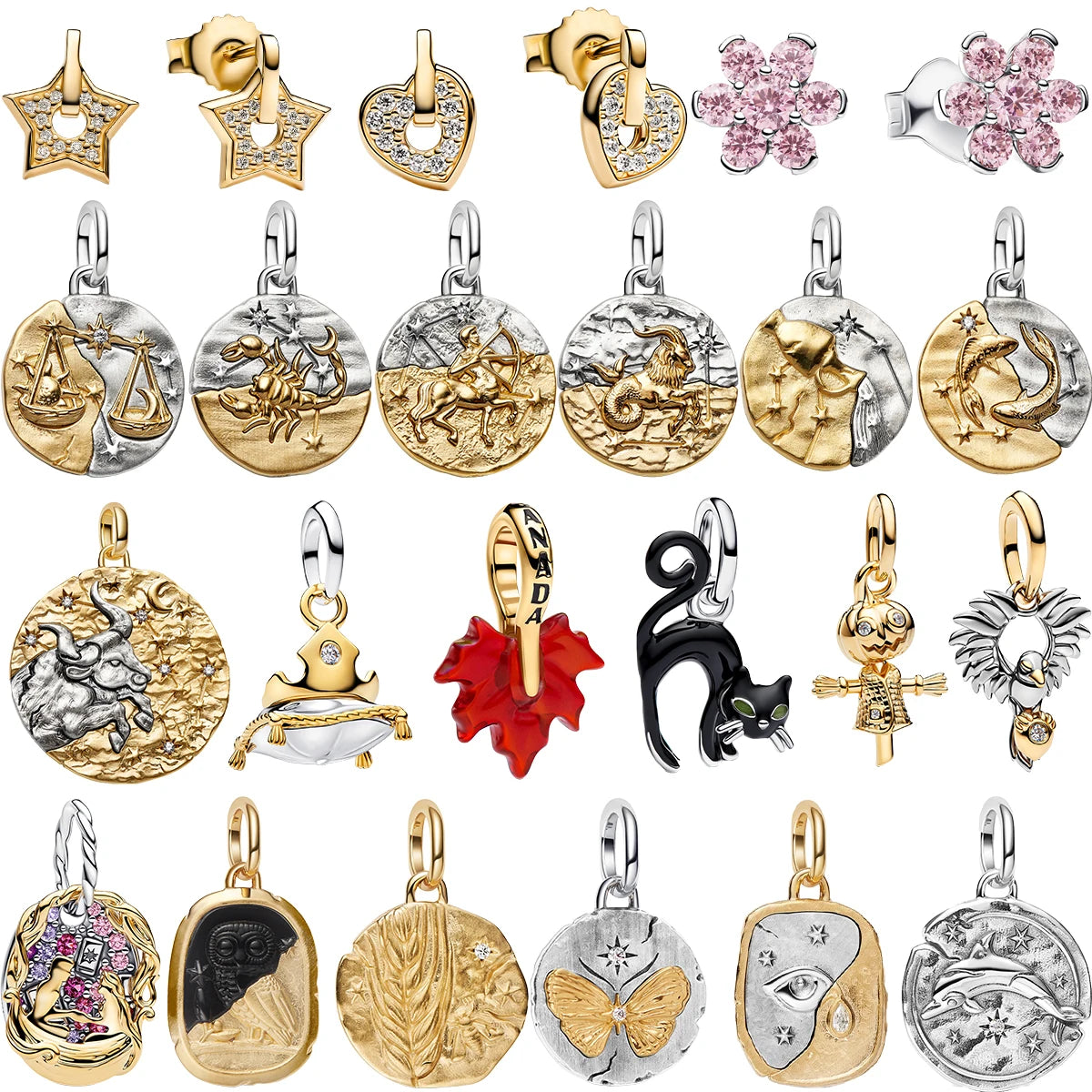 Silver The Twelve Zodiac Signs Cat Flower Earrings Pendant Necklace For Women's Jewelry Birthday Gift - Image 1