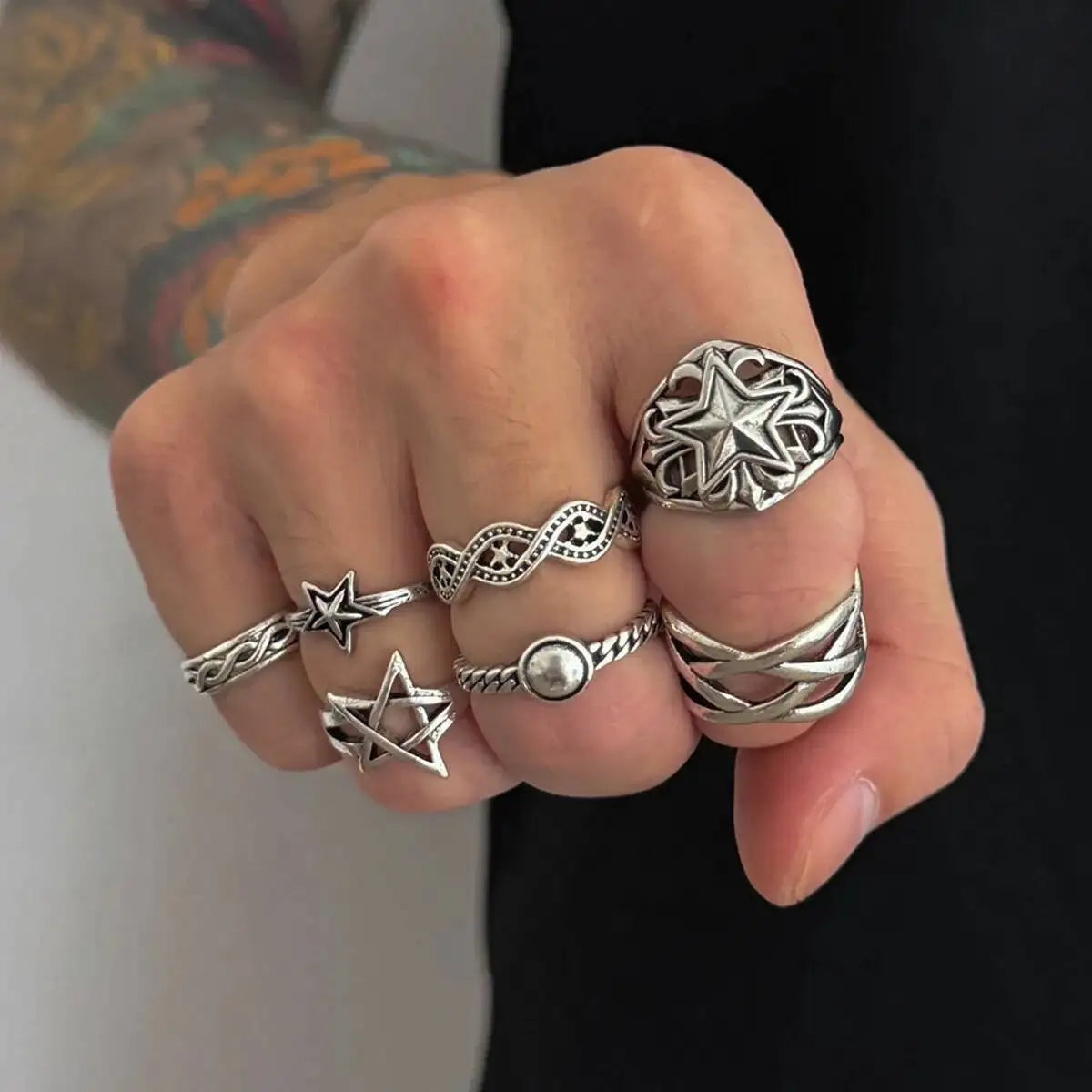 KunJoe 7 Pcs/Set Hip Hop Irregular Star Open Rings for Men Punk Geometric Pentagram Adjustable Ring Male Jewelry Accessories - Image 1