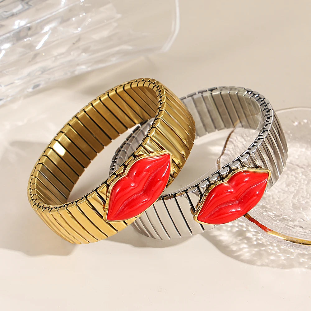 Stainless Steel Lips Shape Elastic Adjustable Cuff Bracelets Bangles For Women Italian Watchband Charm Link Chain Jewelry - Image 1