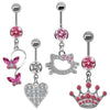 1Pc Sweet Butterfly Crown Heart Drop Belly Button Rings, Pink White Crystal Stone Dangle Navel Button Piercing Jewelry for Women - Image 1