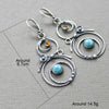 Bohemian Round Blue Stone Earrings Handmade Jewelry Metal Silver Color Hand Engraved Round Dangle Earrings - Image 4