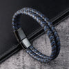Men Black Blue Braided Leather Bracelet Double Band Bangle - Image 2