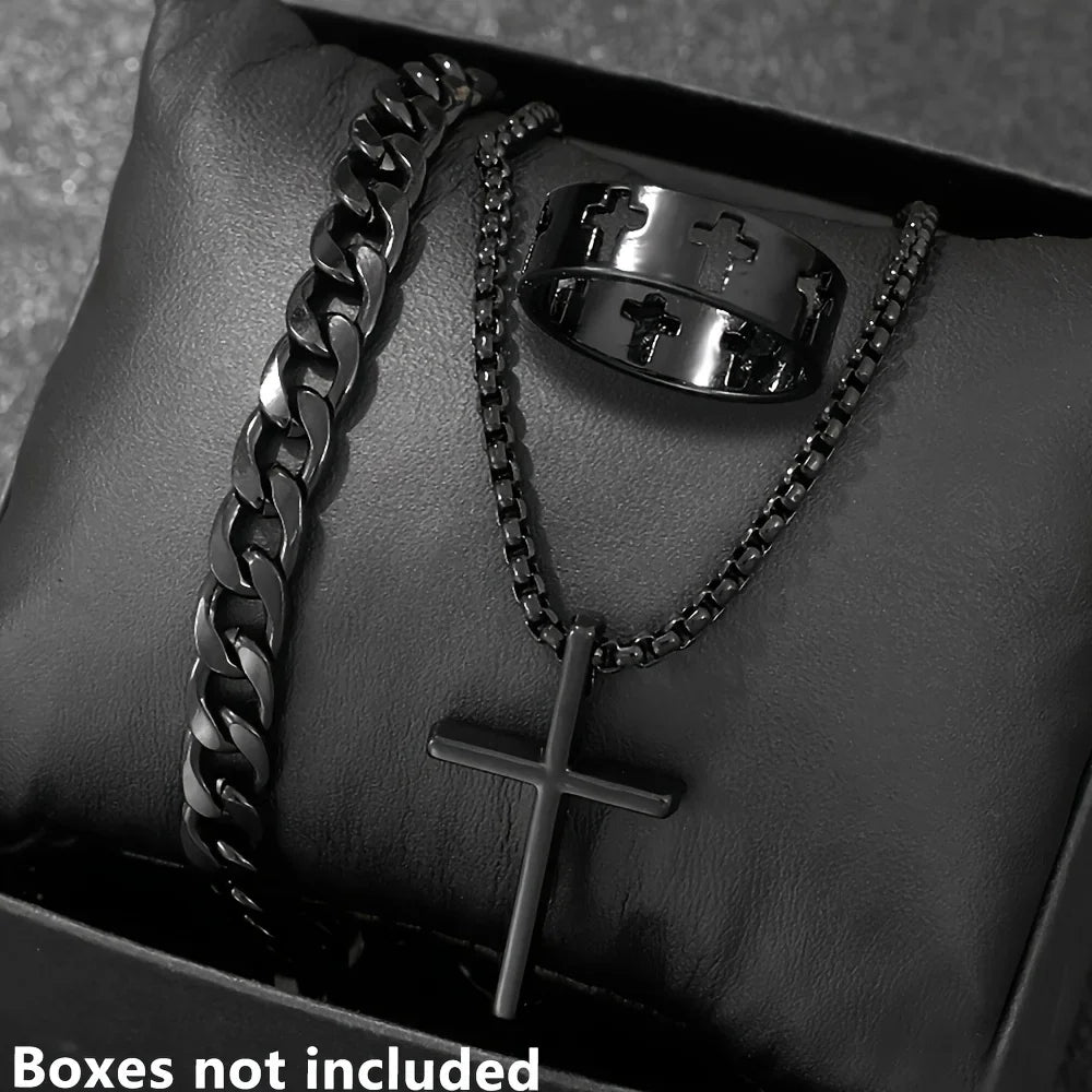Cross-Style Accessories Set Bracelet Necklace Ring 3 Pieces Stainless Steel Elegant Suitable Both Men Women Gift Set - Image 1