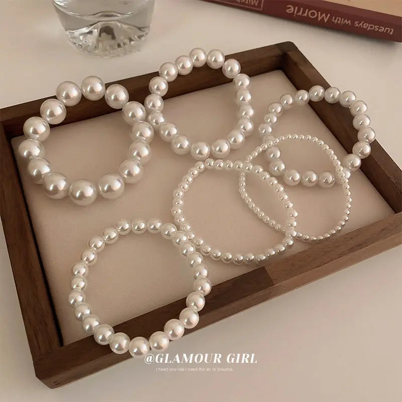 Elegant White Faux Pearls Beaded Bracelets for Women Adjustable Elastic Rope Bracelet French Hands Jewelry Accessories - Image 1