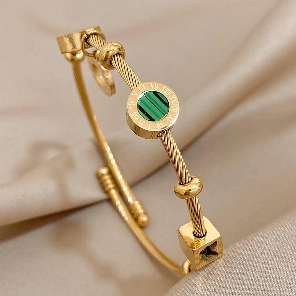 316L Stainless Steel Malachite Roman Letters Charm Bangles Bracelets for Women Gold Color Wrist Jewelry Gift - Image 1