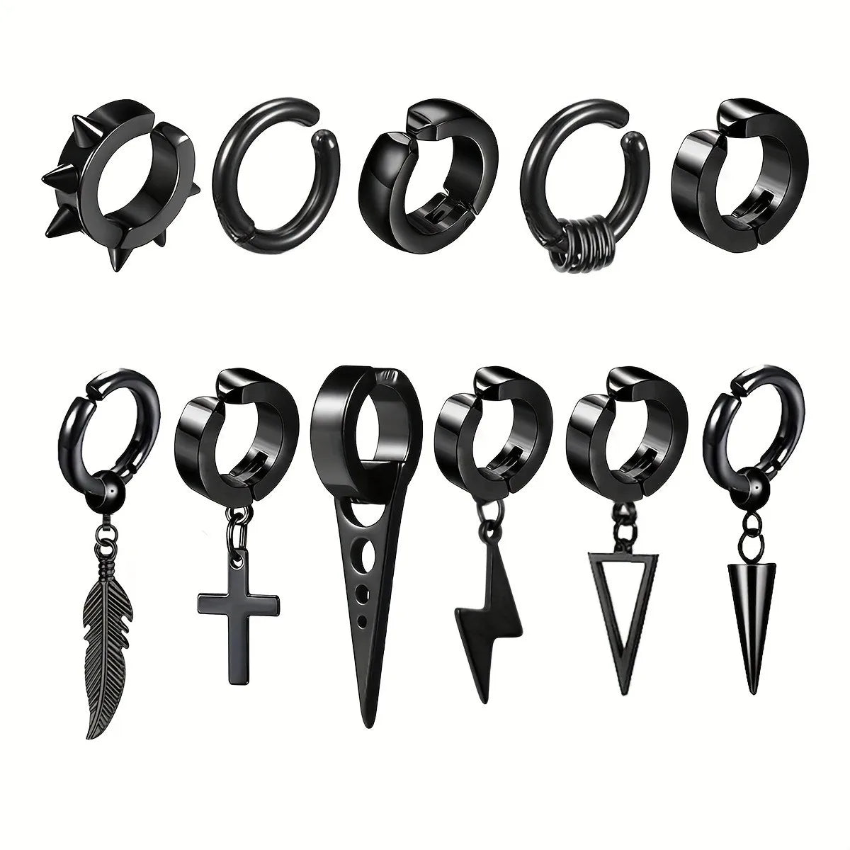 11pcs Punk Men's Stainless Steel Earring Set Clip-on Hip-hop with Rivet Feather Accents - Image 1