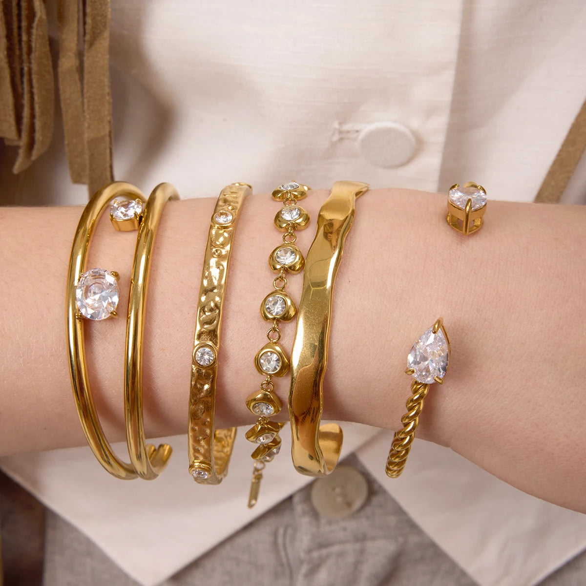 Minimalist Round White Zircon Double Layer Hollow Bracelet Pvd Stainless Steel Stackable Cuff Bangle Women - Image 1