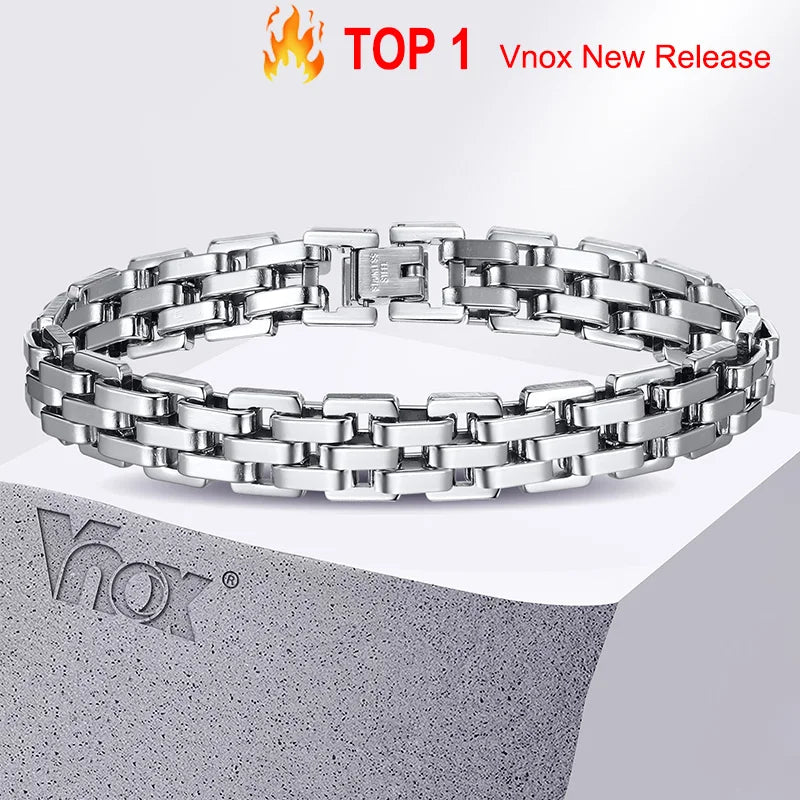 11mm Watchband Shaped Chain Bracelet for Men Teens Boys,Strap Chain Bracelets, Black Silver Color Stainless Steel Wristband - Image 1