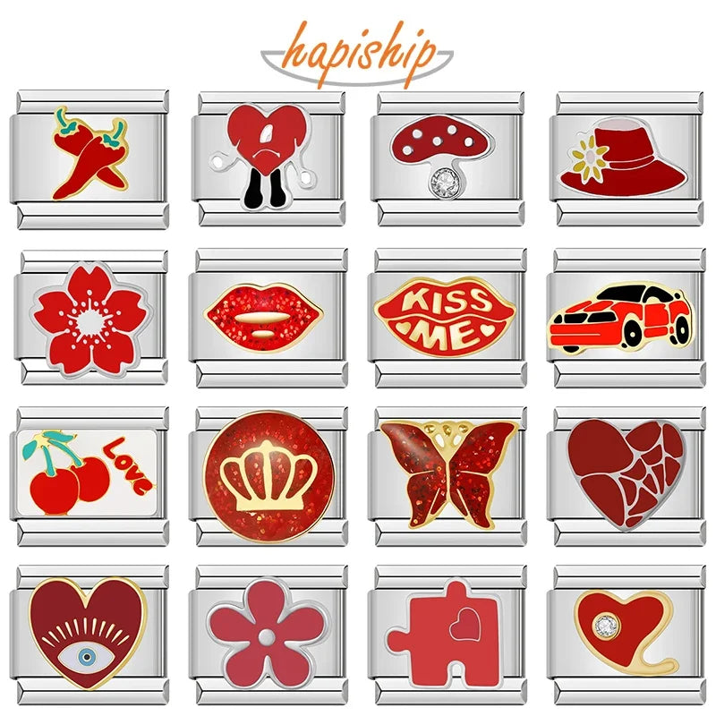Women Red Glaze Flower Heart Kiss Me Charms Italian Links Fit 9mm Stainless Steel Bracelet Making Jewelry - Image 1