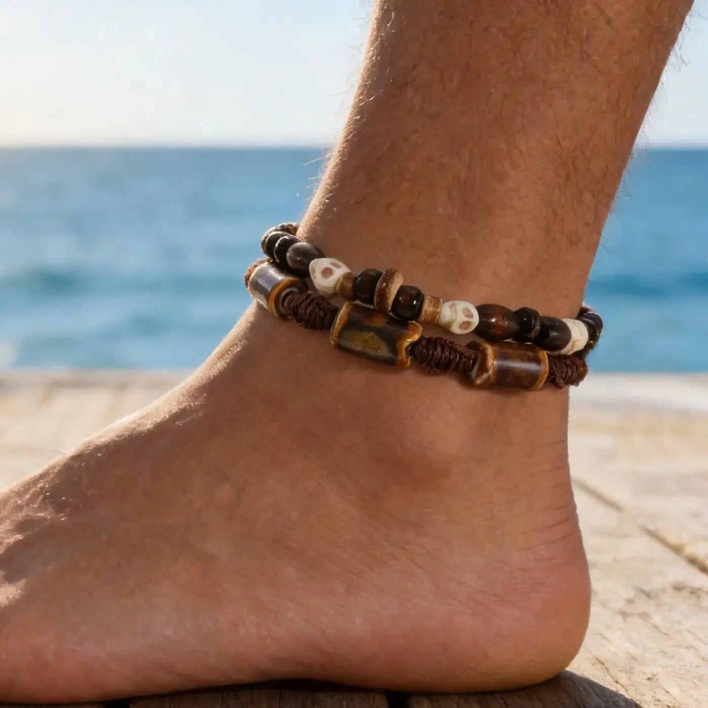 Vintage Skull Coconut Shell Wooden Bead Double-layer Leather Anklet for Men Adjustable Ankle Bracelet Summer Beach Jewelry - Image 1
