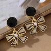 Round Bow Drop Earrings for Women Black Enamel Oil Imitation Pearl Crystal Dangle Earrings Cute Sweet Party Jewelry Gift - Image 1