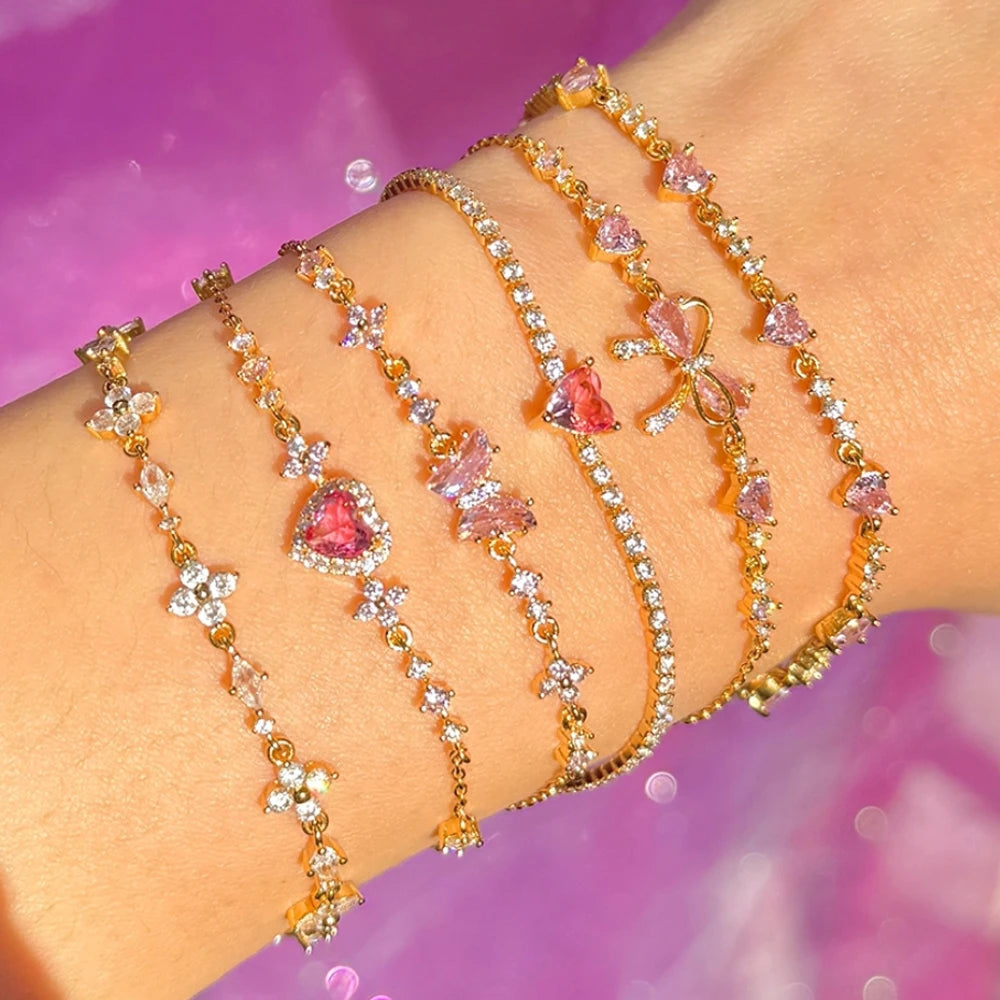 Y2K Sweet Pink Zircon Bowknot Love Heart Chain Bracelet For Women Girls Party Birthday Jewelry Gift - Image 1