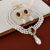 Flower Inlaid Rhinestone Drop Pearl Necklace Earring Set French Style Clavicle Chain Light Jewelry Sets for Women - Image 3