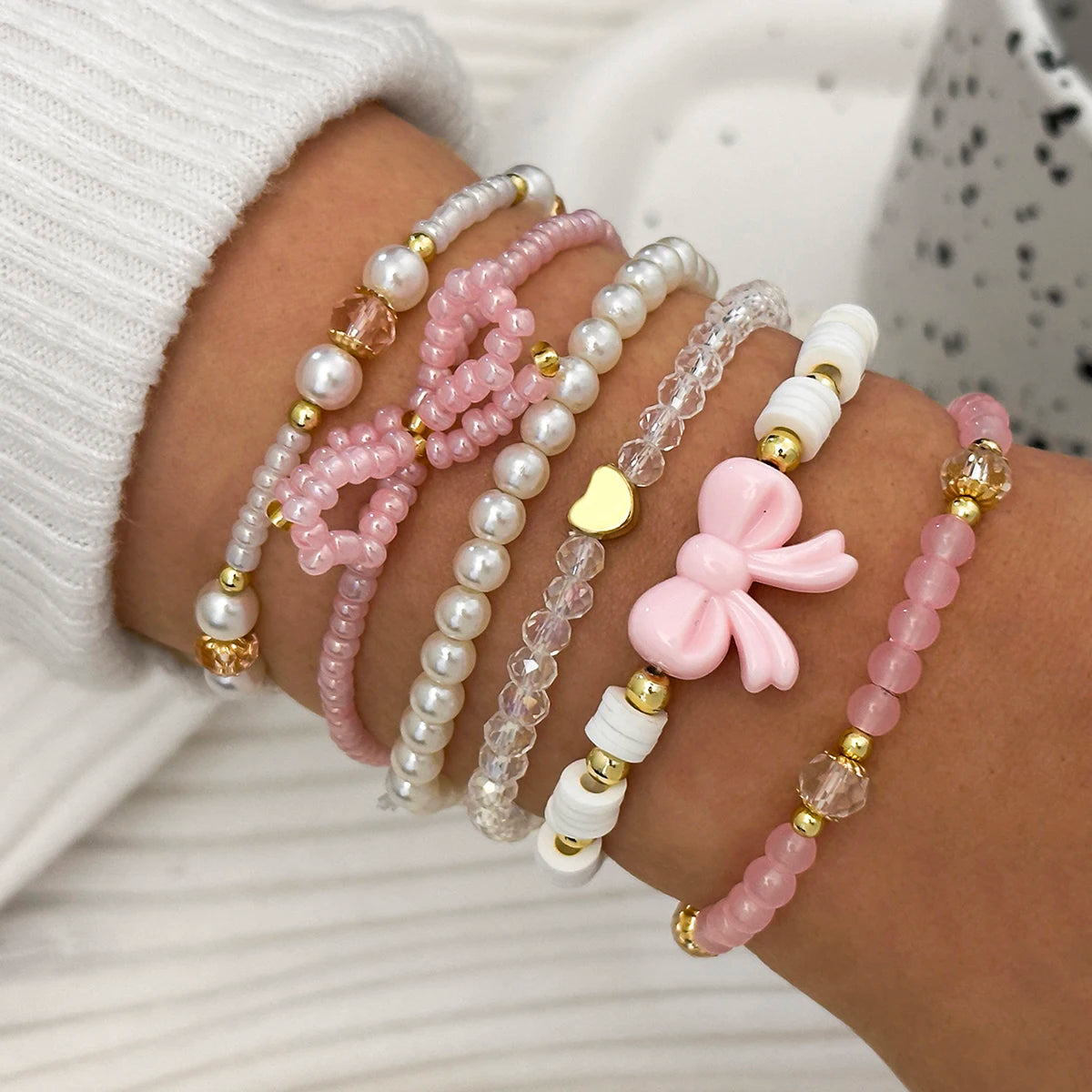 6Pcs/Set European and American Cute Pearl Love Beaded Bow Bracelets Set For Women Simple Design Sweet Jewelry Gifts - Image 1