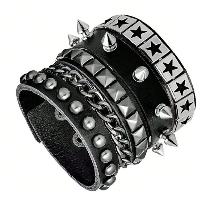 Vintage Leather Bracelets Punk Row Cuspidal Spikes Rivet Stud Wide Cuff PU Leather Punk Gothic Rock Unisex goth accessories - Image 1