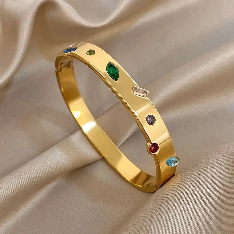 Irregular Colorful Zircon Cuff Bangle for Women Stylish Gold Plated Stainless Steel Smooth Wrist Bracelets Jewelry - Image 1