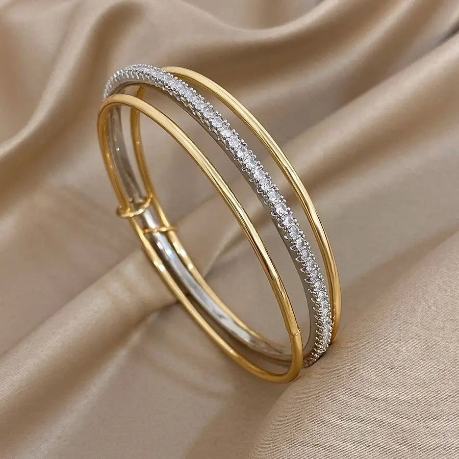 3pcs Two Tone Full Rhinestone Smooth Bangle Bracelets for Women Copper Stacking Bracelet Party Jewelry Gifts - Image 1
